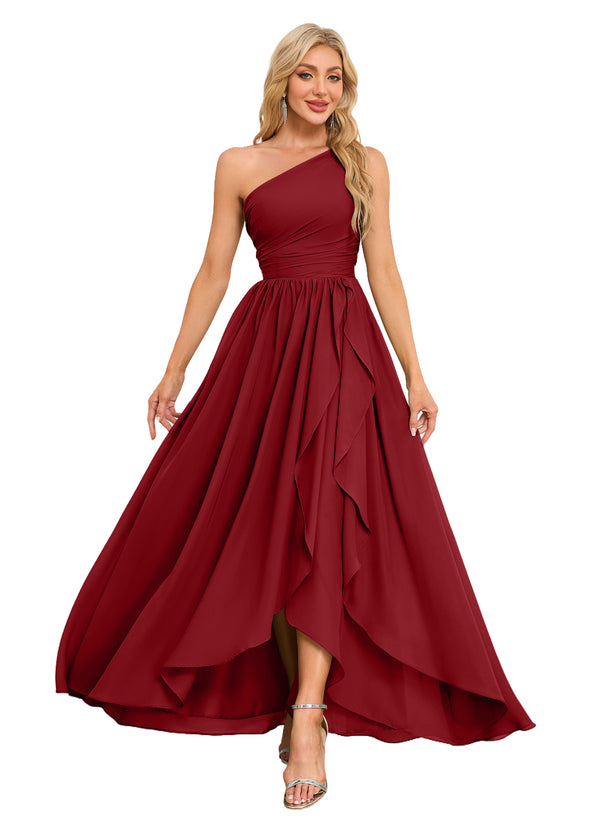 A-line One Shoulder Floor-Length Chiffon Bridesmaid Dress With Ruffle