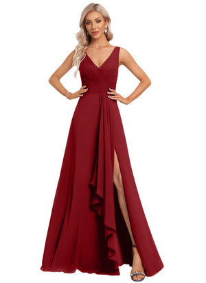 A-line V-Neck Floor-Length Chiffon Bridesmaid Dress with Ruffle