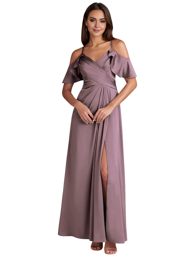 A-line Cold Shoulder Floor-Length Satin Bridesmaid Dress With Ruffle