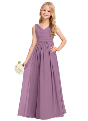 A-line V-Neck Floor-Length Chiffon Junior Bridesmaid Dress