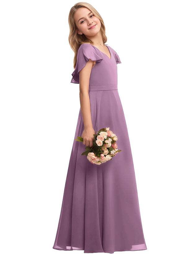 A-line V-Neck Floor-Length Chiffon Junior Bridesmaid Dress
