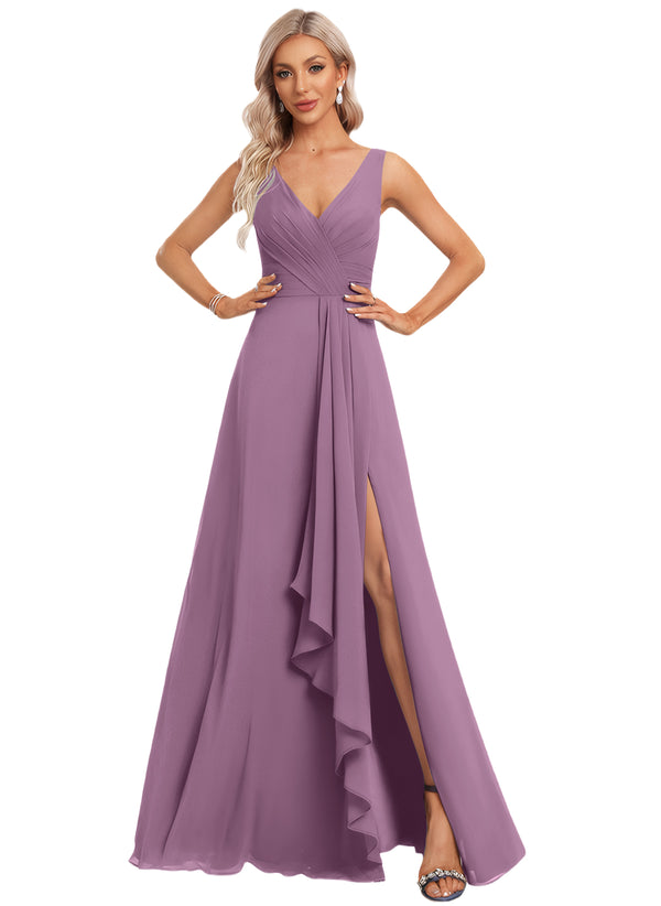 A-line V-Neck Floor-Length Chiffon Bridesmaid Dress with Ruffle