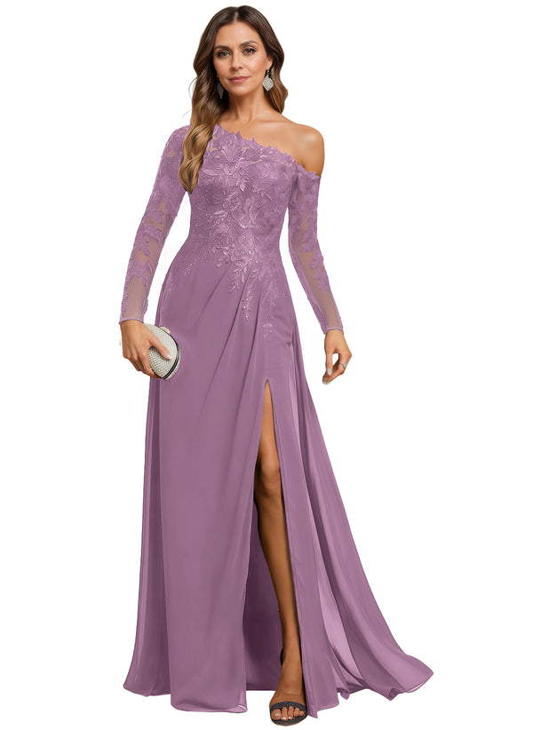 Trumpet/Mermaid Asymmetrical Illusion Floor-Length Lace Chiffon Evening Dress With Sequins