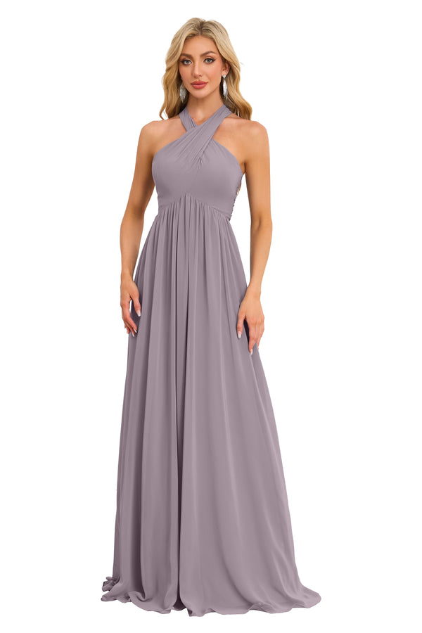 A-line Halter Floor-Length Chiffon Bridesmaid Dress With Ruffle