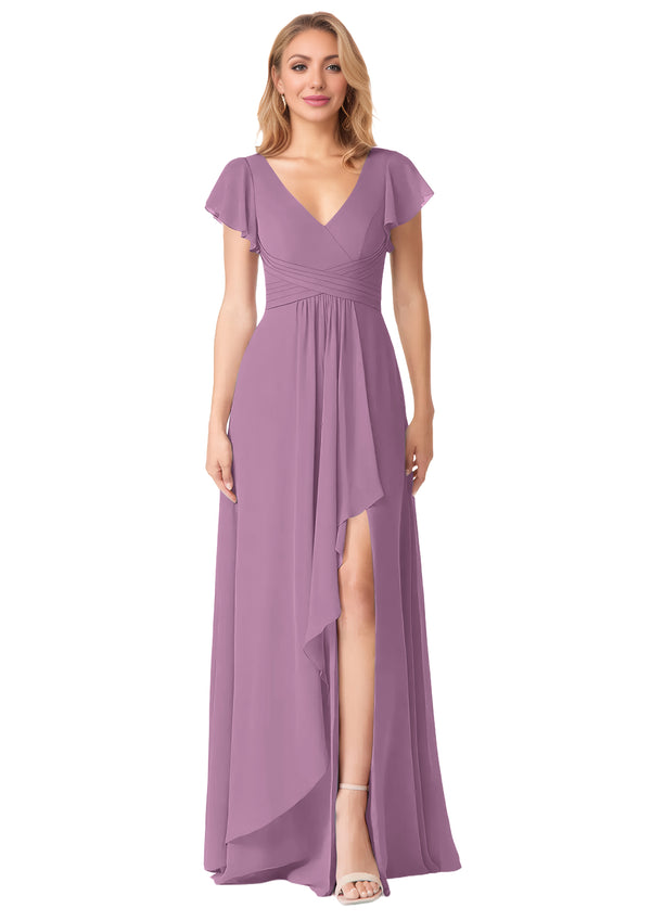 A-line V-Neck Floor-Length Chiffon Bridesmaid Dress With Ruffle