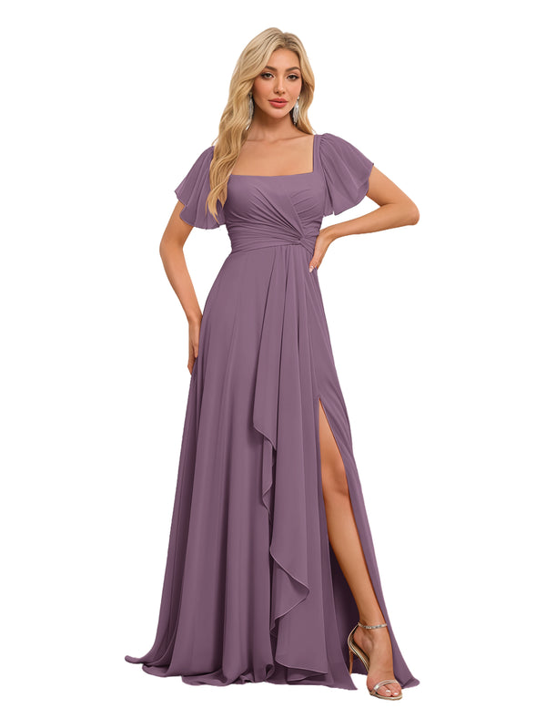 A-line Square Asymmetrical Chiffon Bridesmaid Dress
