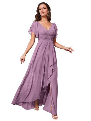 A-line V-Neck Floor-Length Chiffon Bridesmaid Dress With Ruffle