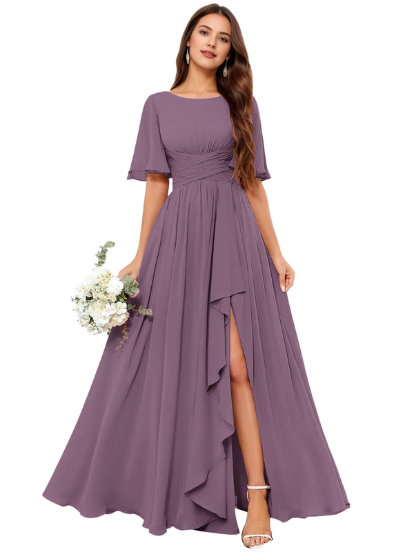 A-line Scoop Floor-Length Chiffon Bridesmaid Dress With Slit