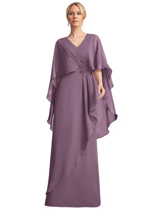 A-line V-Neck Floor-Length Chiffon Mother of the Bride Dress With Cascading Ruffles Beading