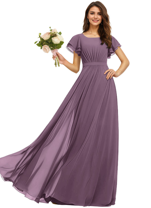 A-line Scoop Floor-Length Chiffon Bridesmaid Dress With Ruffle