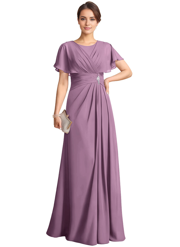 A-line Scoop Floor-Length Chiffon Mother of the Bride Dress With Pleated Beading