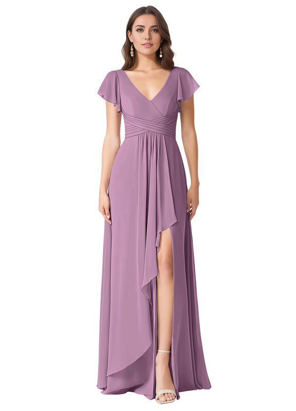 A-line V-Neck Floor-Length Chiffon Bridesmaid Dress With Ruffle