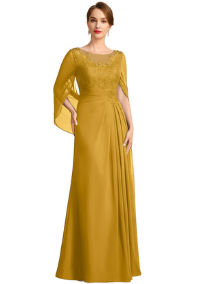 A-line Scoop Illusion Floor-Length Lace Chiffon Mother of the Bride Dress With Sequins Pleated