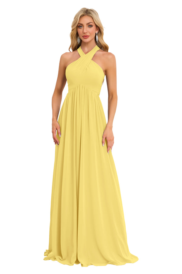 A-line Halter Floor-Length Chiffon Bridesmaid Dress With Ruffle