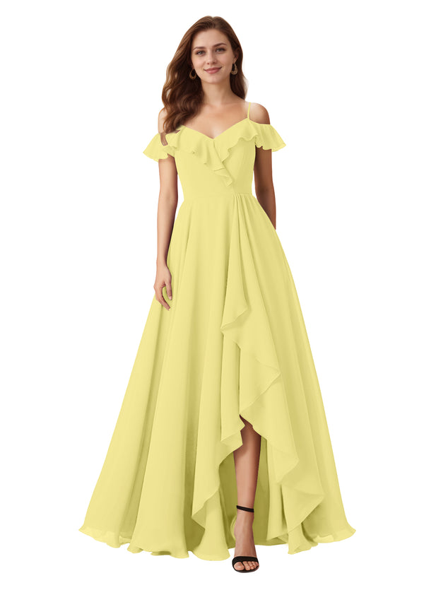 A-line Cold Shoulder Floor-Length Chiffon Bridesmaid Dress With Ruffle