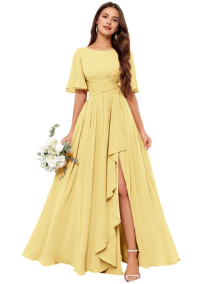 A-line Scoop Floor-Length Chiffon Bridesmaid Dress With Slit
