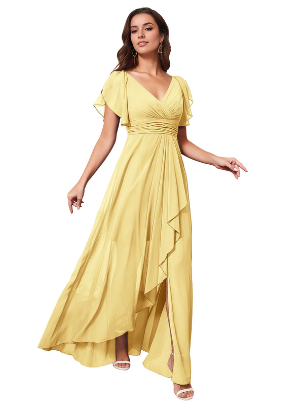 A-line V-Neck Floor-Length Chiffon Bridesmaid Dress With Ruffle