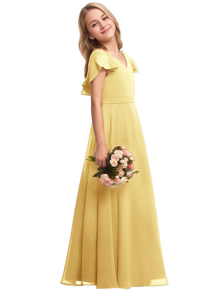 A-line V-Neck Floor-Length Chiffon Junior Bridesmaid Dress
