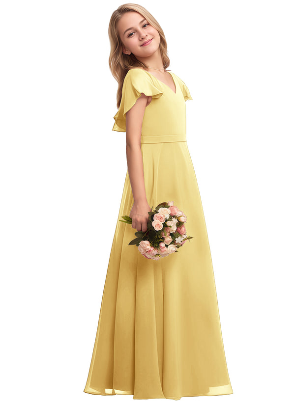 A-line V-Neck Floor-Length Chiffon Junior Bridesmaid Dress
