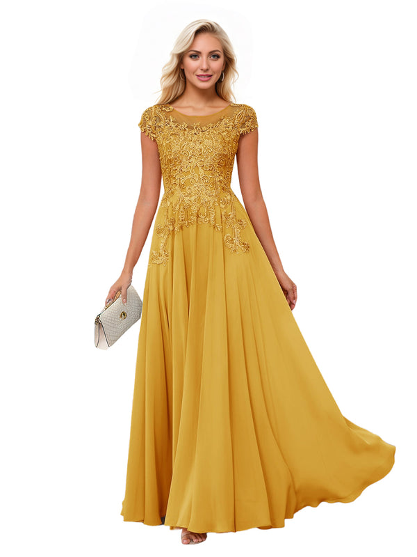 A-line Scoop Illusion Floor-Length Lace Chiffon Mother of the Bride Dress With Sequins
