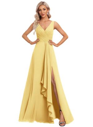 A-line V-Neck Floor-Length Chiffon Bridesmaid Dress with Ruffle