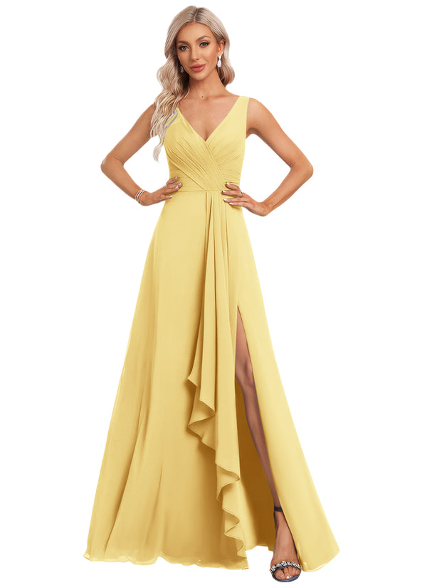 A-line V-Neck Floor-Length Chiffon Bridesmaid Dress with Ruffle