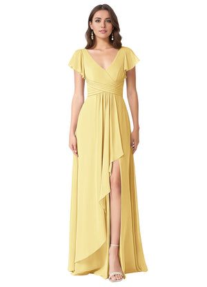 A-line V-Neck Floor-Length Chiffon Bridesmaid Dress With Ruffle