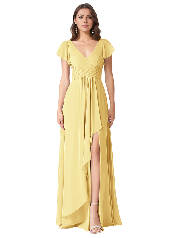 A-line V-Neck Floor-Length Chiffon Bridesmaid Dress With Ruffle