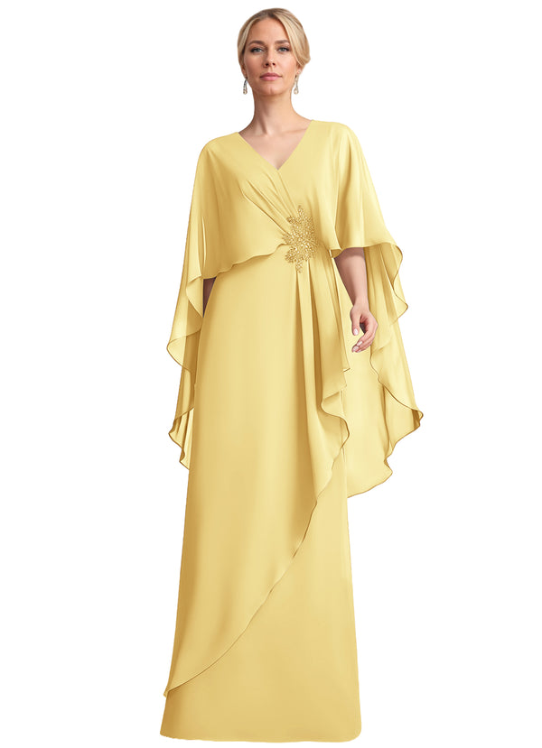 A-line V-Neck Floor-Length Chiffon Mother of the Bride Dress With Cascading Ruffles Beading